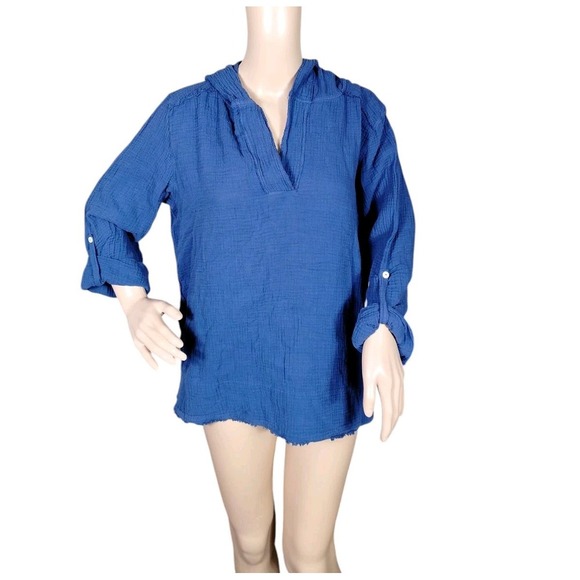 Melissa Nepton Hoodie Blouse Womens Medium Blue Minimalist Roll Tab‎ Sleeve - Picture 1 of 10